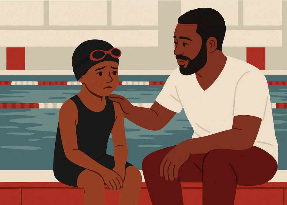 A Black father gently encourages his young swimmer at the edge of an indoor pool, resting a supportive hand on the child’s shoulder as the child looks disappointed. Flat modern illustration with lane lines and water in the background.